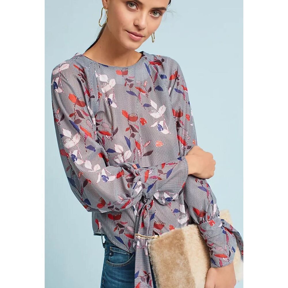 NWT Eva Franco Claremont Printed Blue Lagoon Top Blouse